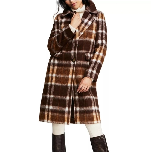 NWT Calvin Klein Brown Multi Brushed Plaid Notch Lapel Button Front Overcoat 6 - Picture 5 of 6
